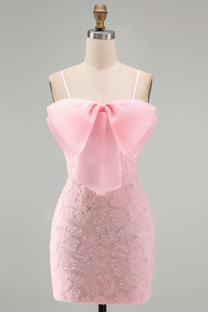 Sparkly Pink Beaded Short Bodycon Floral Homecoming Dress with Bow
