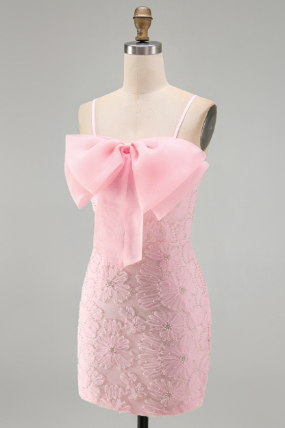 Sparkly Pink Beaded Short Bodycon Floral Homecoming Dress with Bow