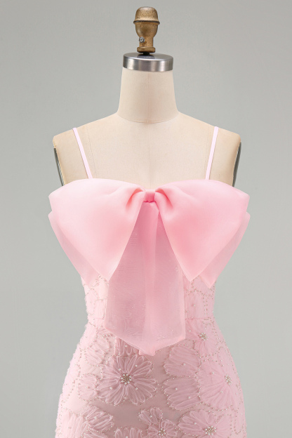 Sparkly Pink Beaded Short Bodycon Floral Homecoming Dress with Bow