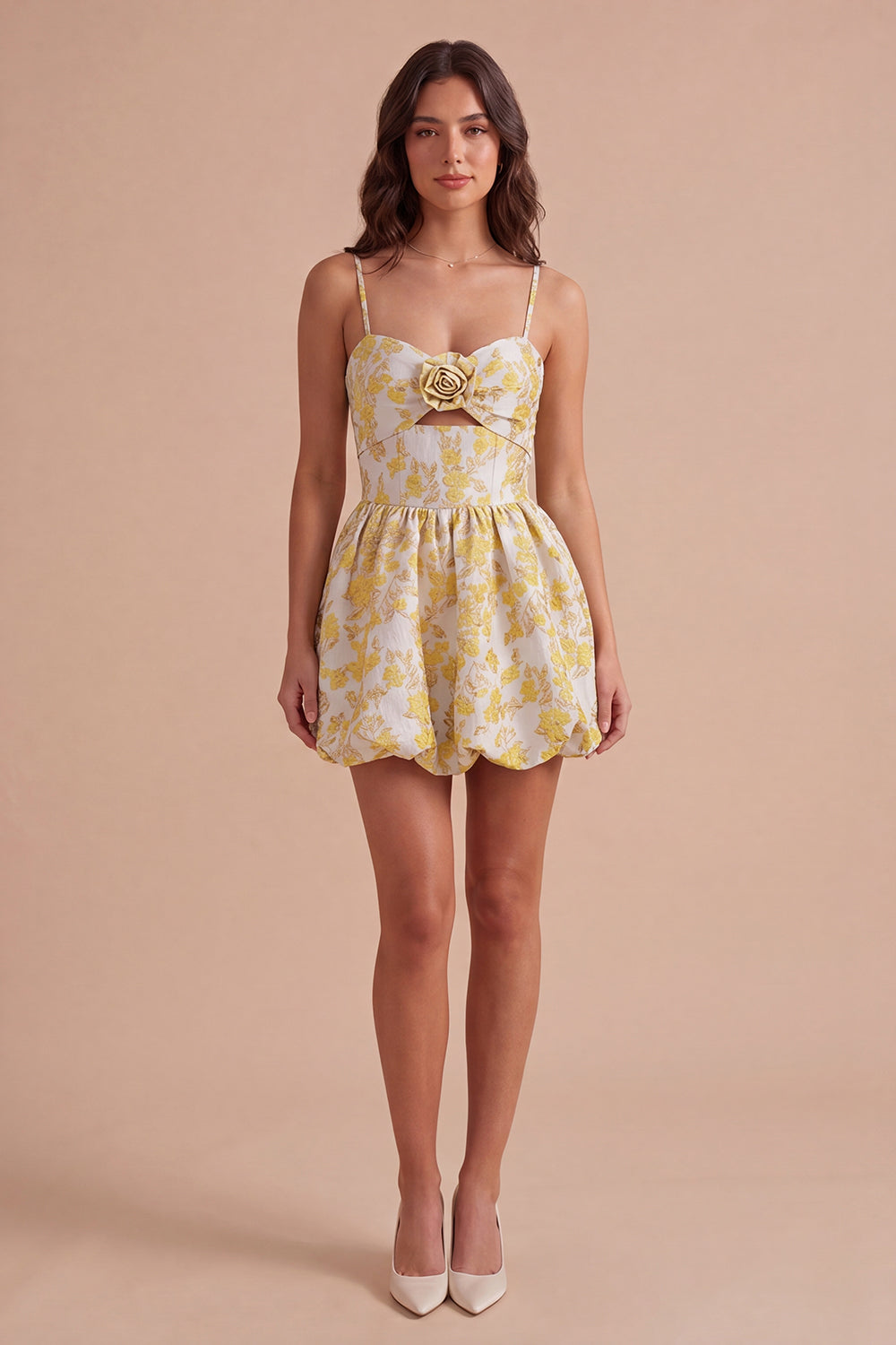 Yellow Floral A Line Spaghetti Straps Short Homecoming Dress