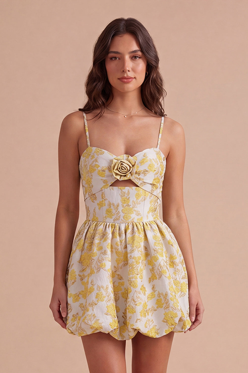 Yellow Floral A Line Spaghetti Straps Short Homecoming Dress
