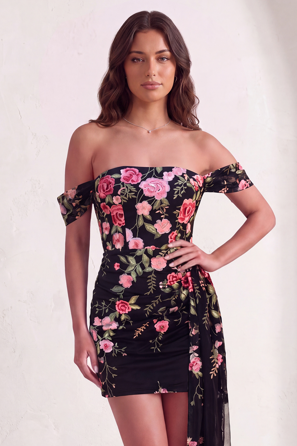 Leely Women Bodycon Floral Black Short Homecoming Dress Off the Shoulder Ruched Cocktail Dress with Drape