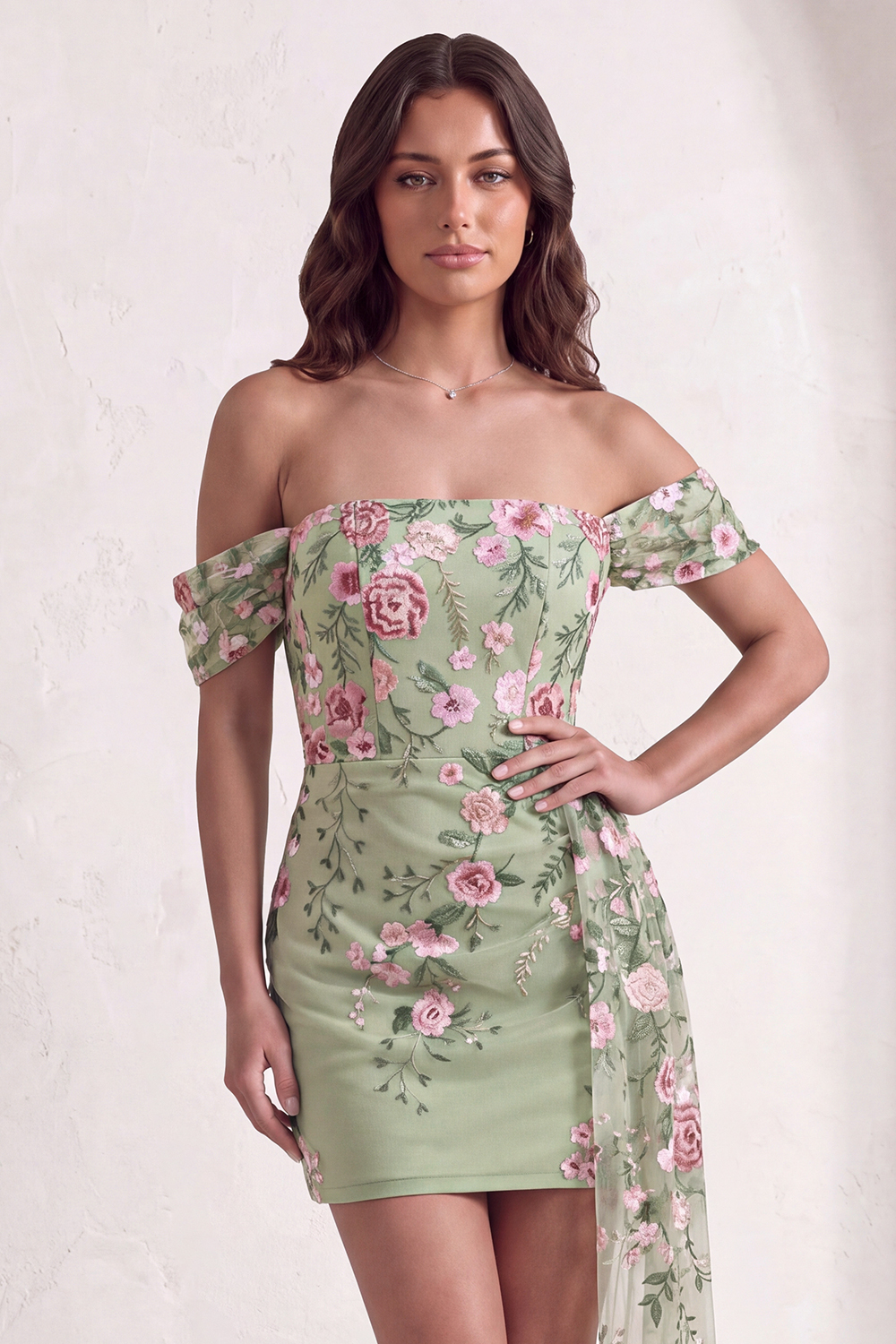 Bodycon Floral Off the Shoulder Green Short Homecoming Dress