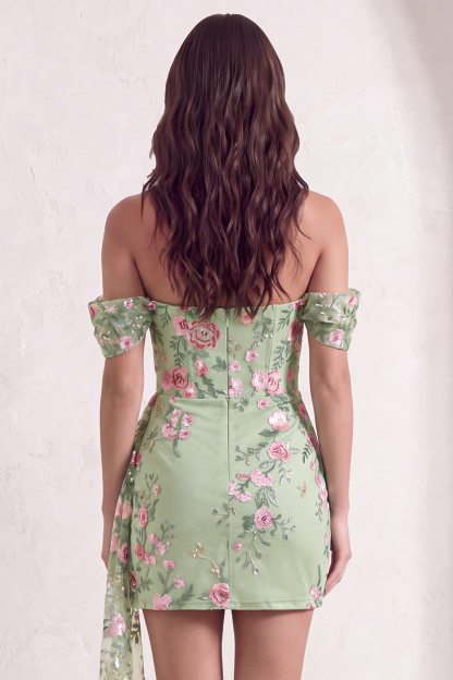 Bodycon Floral Off the Shoulder Green Short Homecoming Dress
