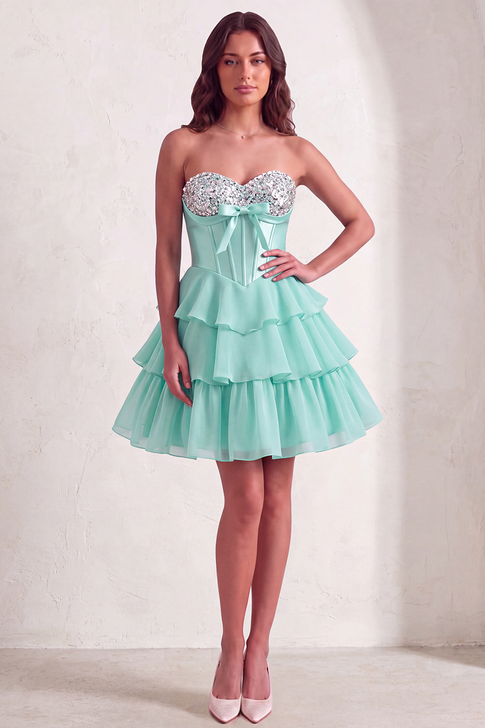 Mint A Line Corset Sparkly Sequined Short Homecoming Dress with Ruffles