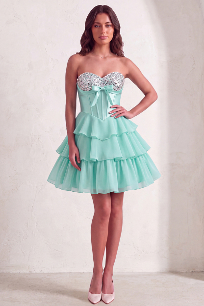 Mint A Line Corset Sparkly Sequined Short Homecoming Dress with Ruffles