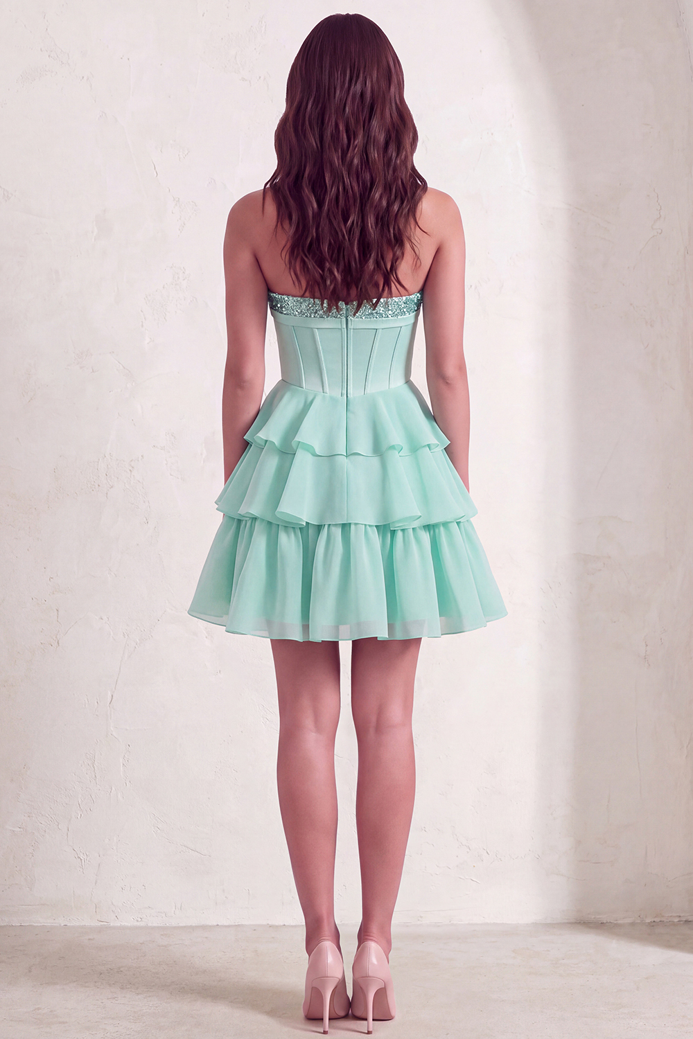 Mint A Line Corset Sparkly Sequined Short Homecoming Dress with Ruffles