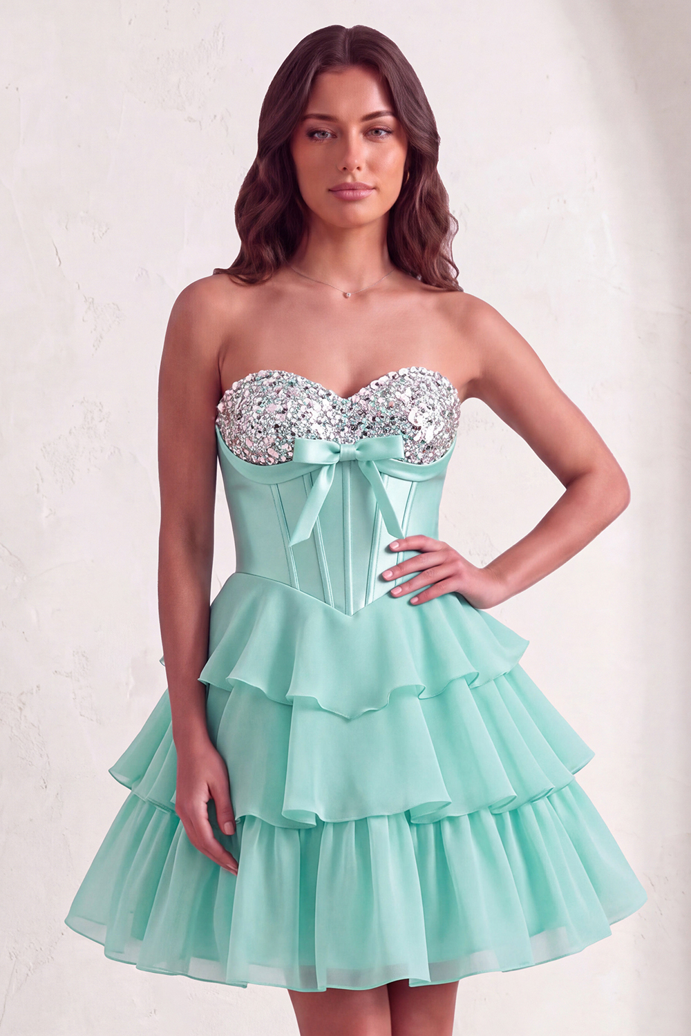 Mint A Line Corset Sparkly Sequined Short Homecoming Dress with Ruffles
