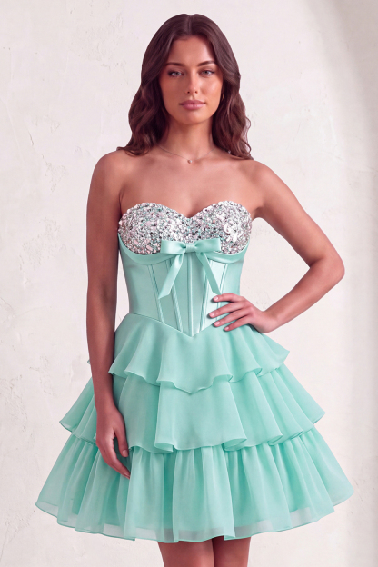 Leely Women Sparkly Mint A Line Corset Short Homecoming Dress Ruffled Tiered Sequined Sweetheart Cocktail Dress