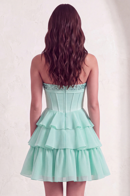 Mint A Line Corset Sparkly Sequined Short Homecoming Dress with Ruffles