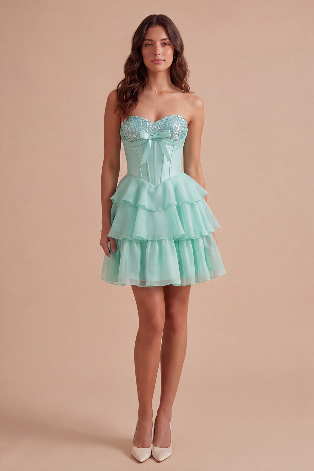 Mint A Line Corset Sparkly Sequined Short Homecoming Dress with Ruffles