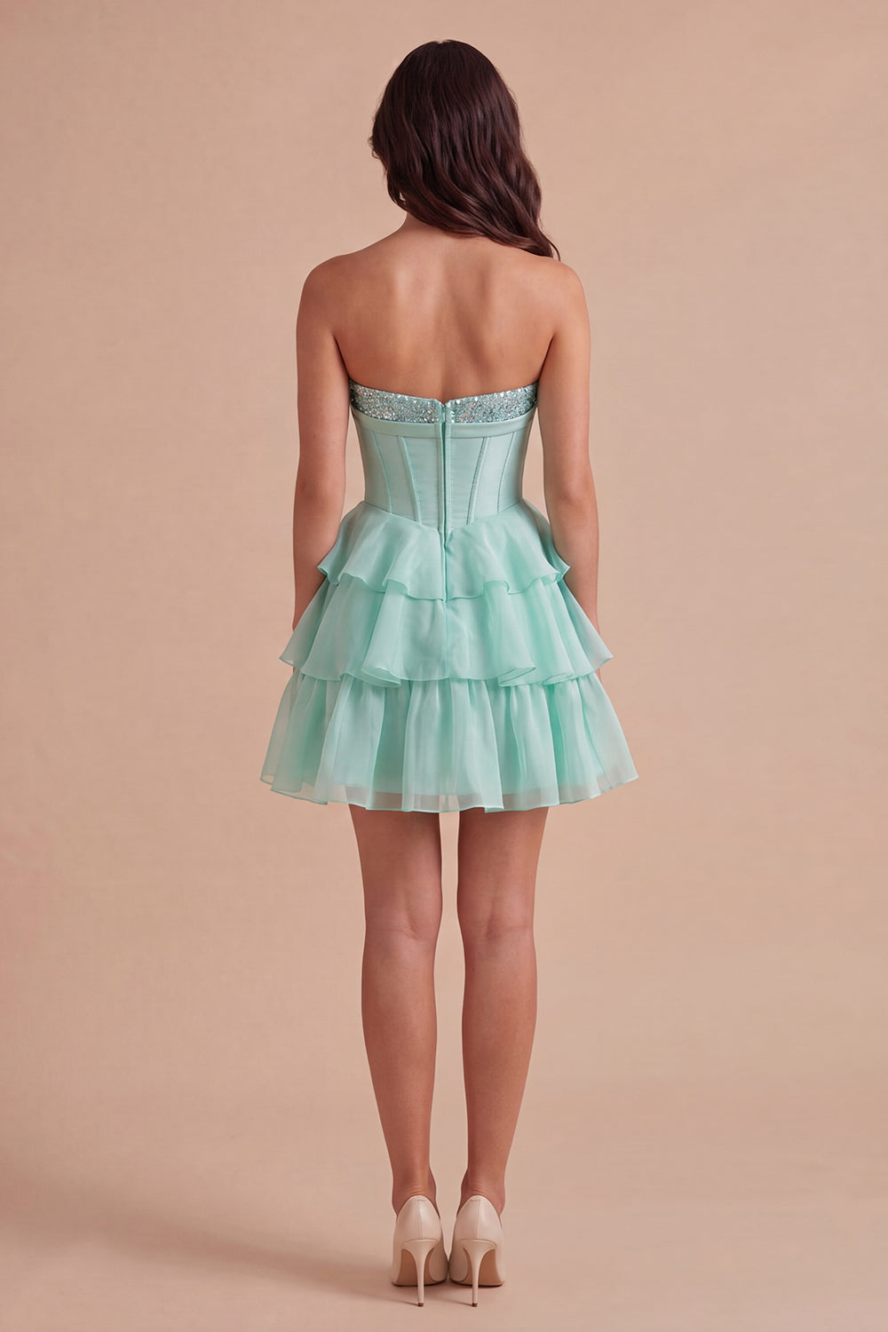 Mint A Line Corset Sparkly Sequined Short Homecoming Dress with Ruffles
