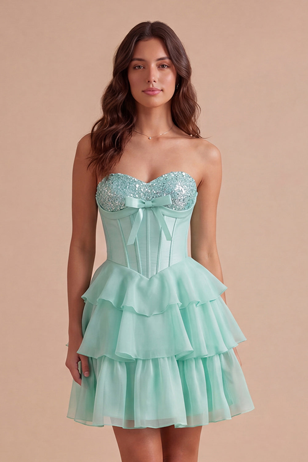 Mint A Line Corset Sparkly Sequined Short Homecoming Dress with Ruffles