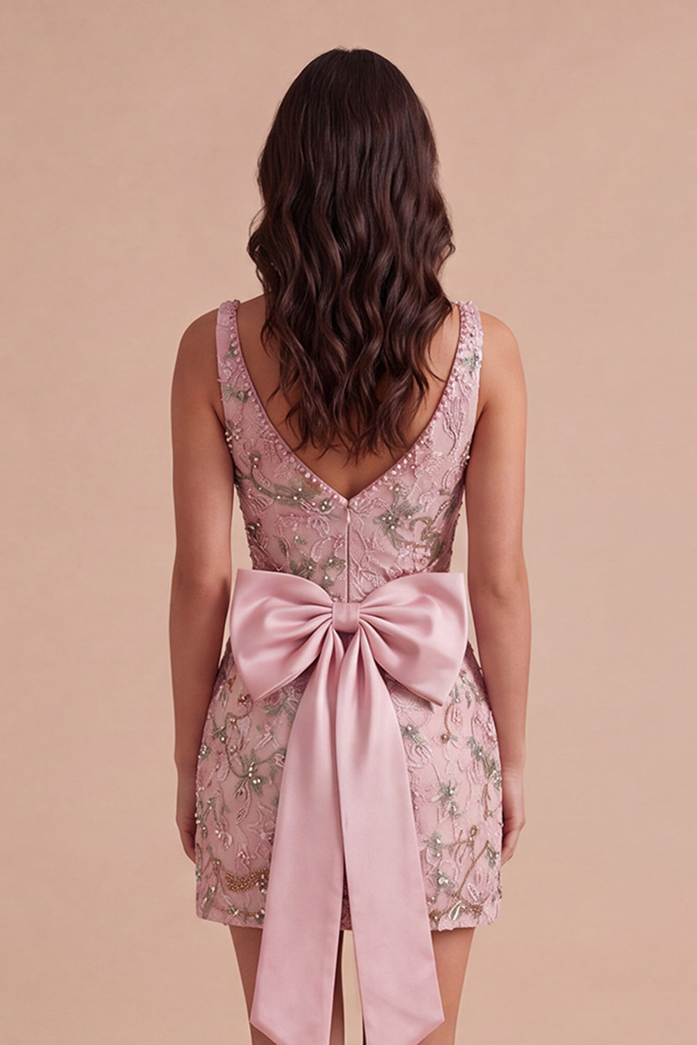 Pink Sparkly Floral Sequin Beaded Bodycon V-Neck Short Cocktail Dress with Slit