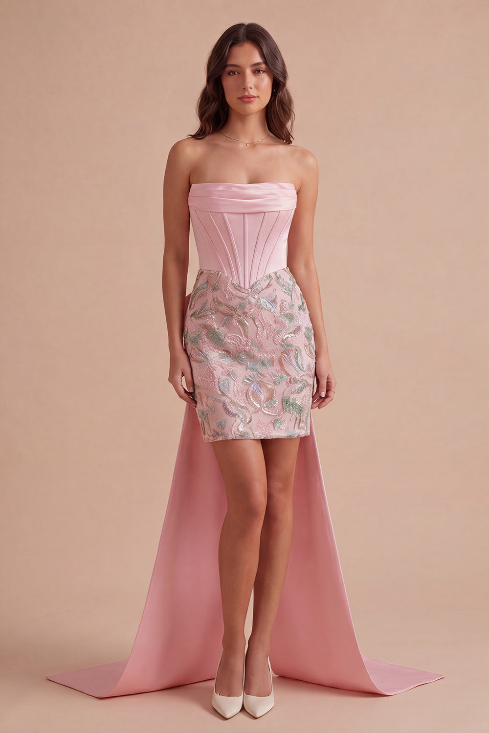 Sparkly Pink Corset Bodycon Strapless Short Homecoming Dress with Bow