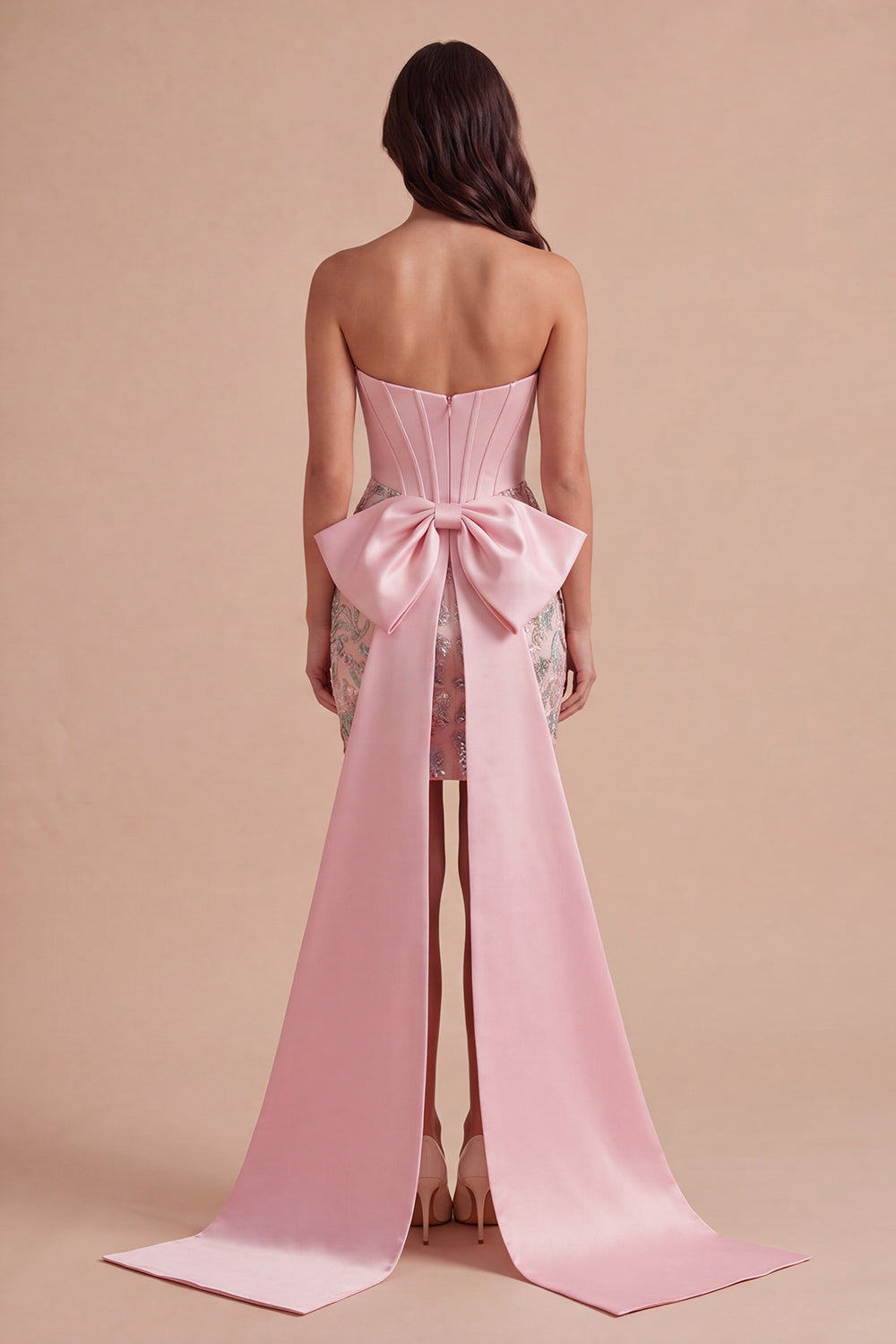 Sparkly Pink Corset Bodycon Strapless Short Homecoming Dress with Bow