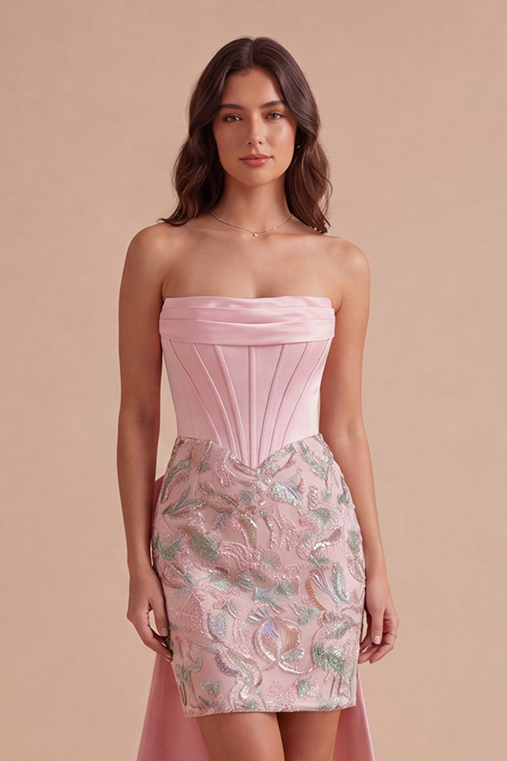 Sparkly Pink Corset Bodycon Strapless Short Homecoming Dress with Bow