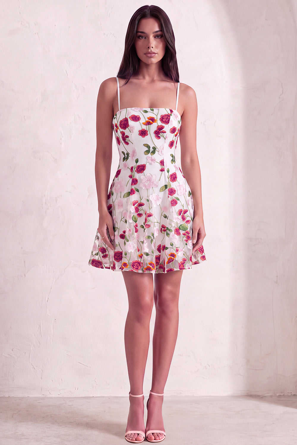 Pink Red Floral A-Line Spaghetti Straps Short Homecoming Dress