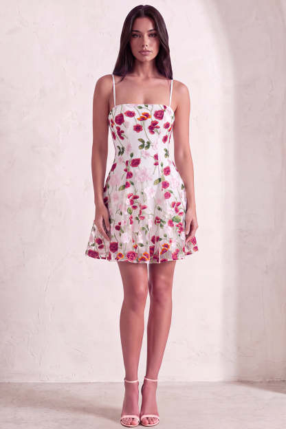 Pink Red Floral A-Line Spaghetti Straps Short Homecoming Dress