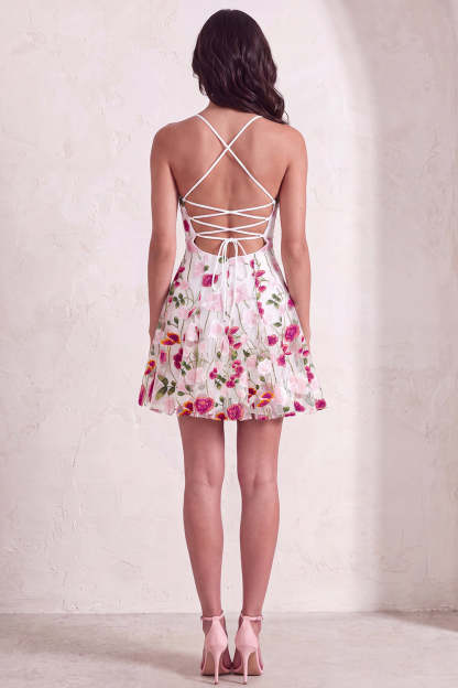 Pink Red Floral A-Line Spaghetti Straps Short Homecoming Dress