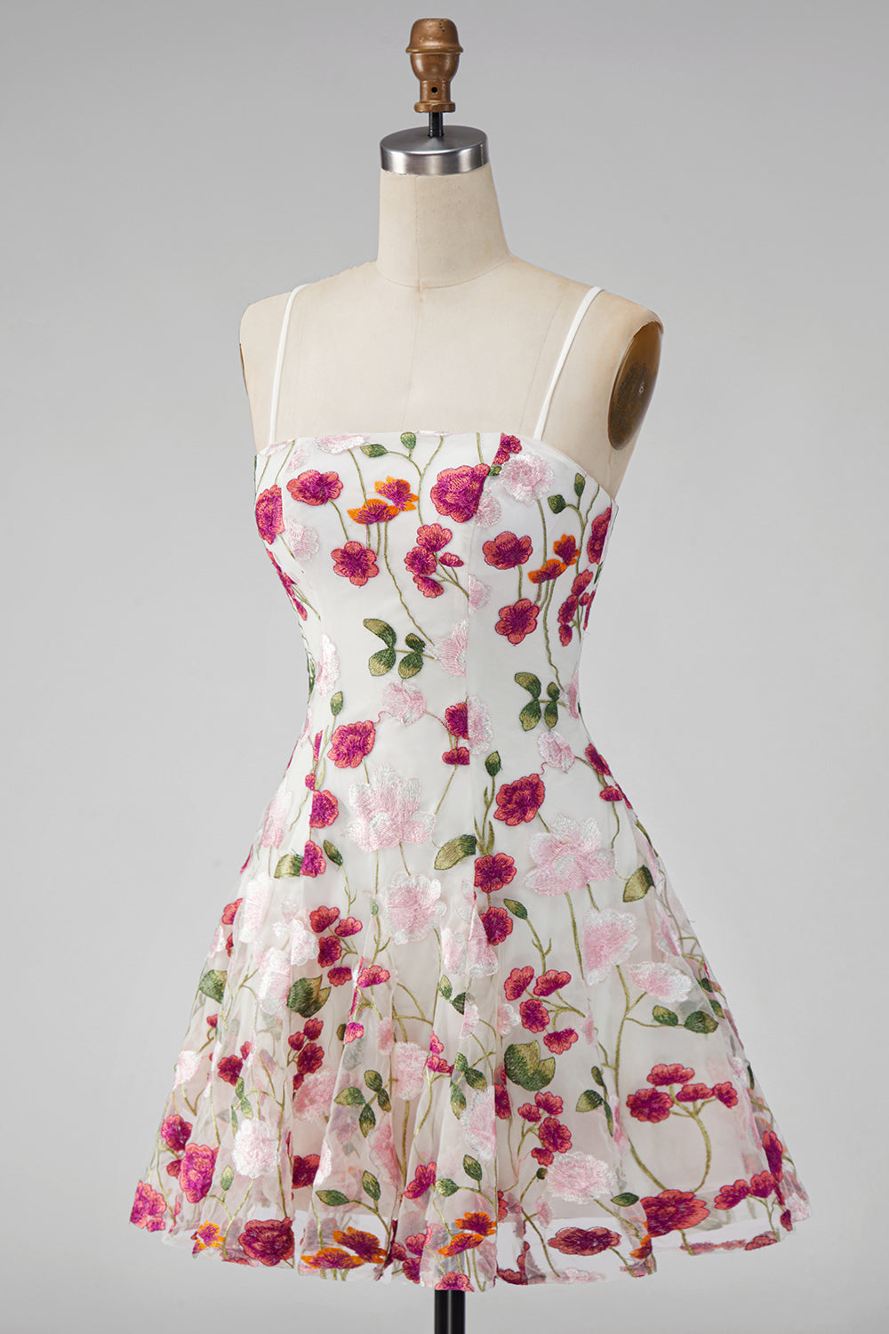 Pink Red Floral A-Line Spaghetti Straps Short Homecoming Dress