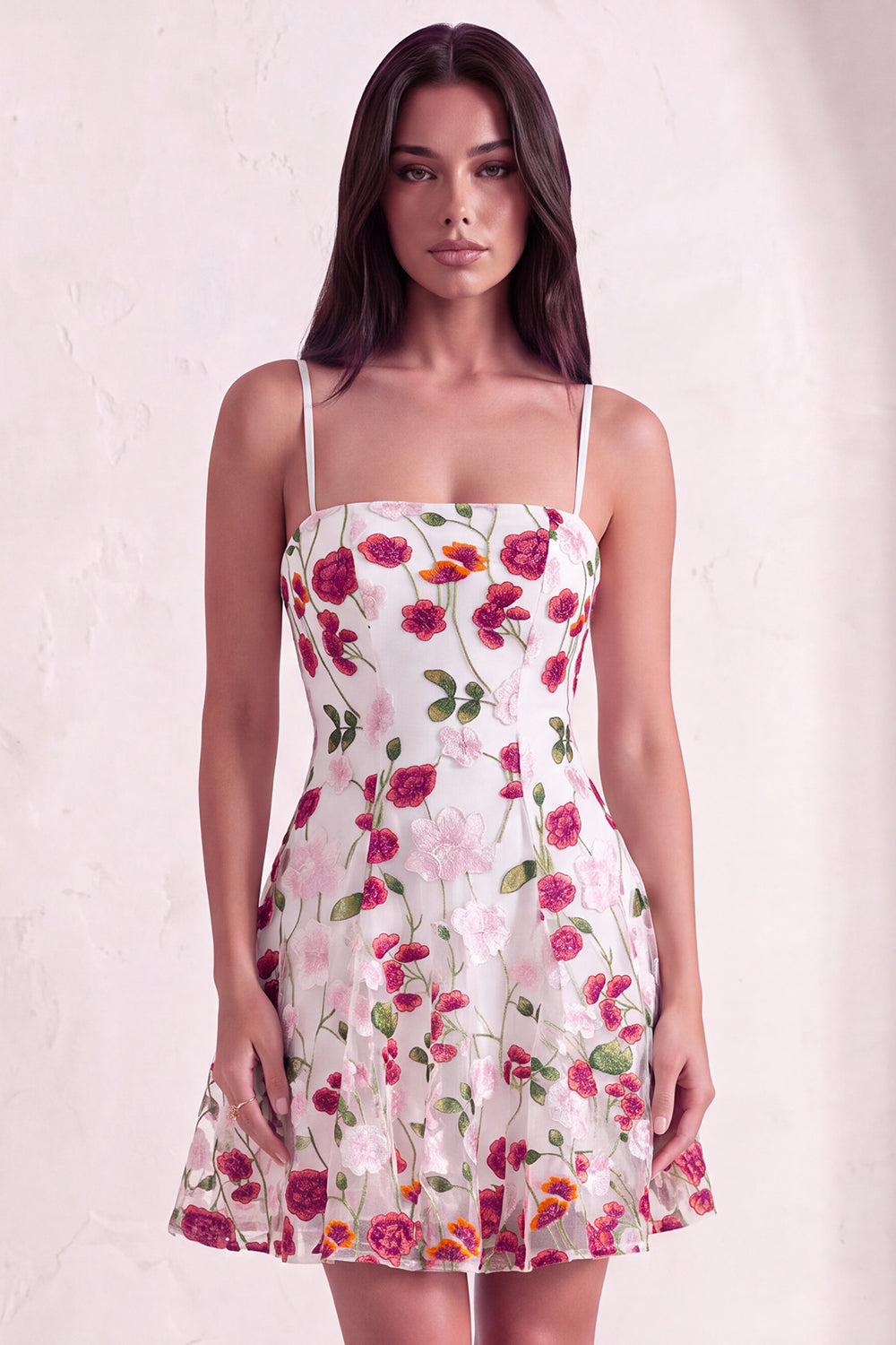 Leely Women Pink Red Floral Short Homecoming Dress A-Line Spaghetti Straps Lace Up Cocktail Dress