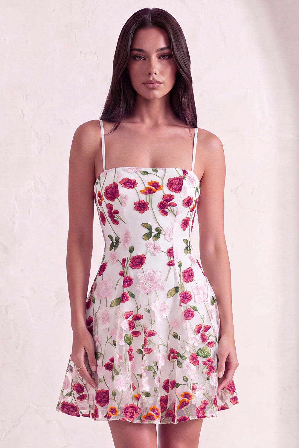 Leely Women Pink Red Floral Short Homecoming Dress A-Line Spaghetti Straps Lace Up Cocktail Dress