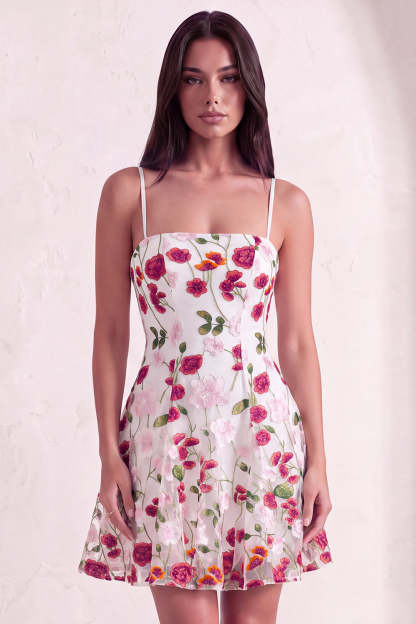 Leely Women Pink Red Floral Short Homecoming Dress A-Line Spaghetti Straps Lace Up Cocktail Dress