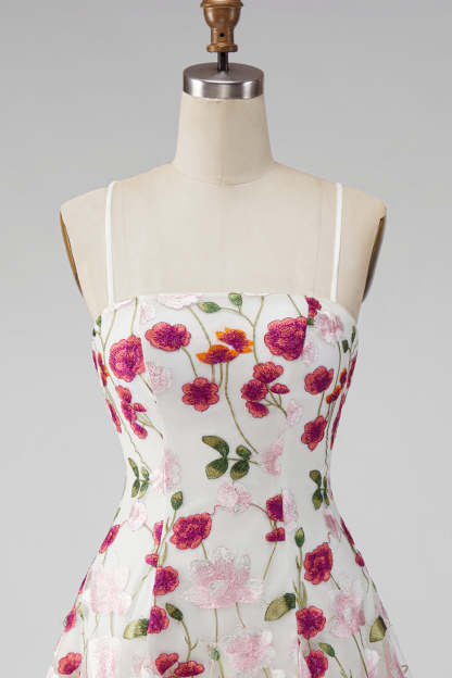 Pink Red Floral A-Line Spaghetti Straps Short Homecoming Dress