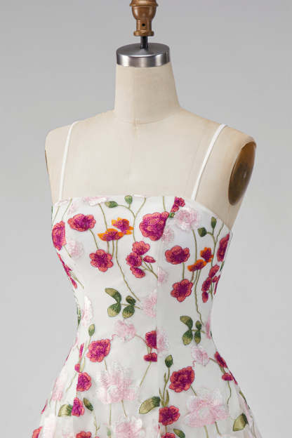 Pink Red Floral A-Line Spaghetti Straps Short Homecoming Dress