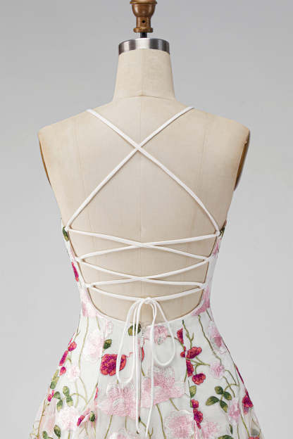 Pink Red Floral A-Line Spaghetti Straps Short Homecoming Dress