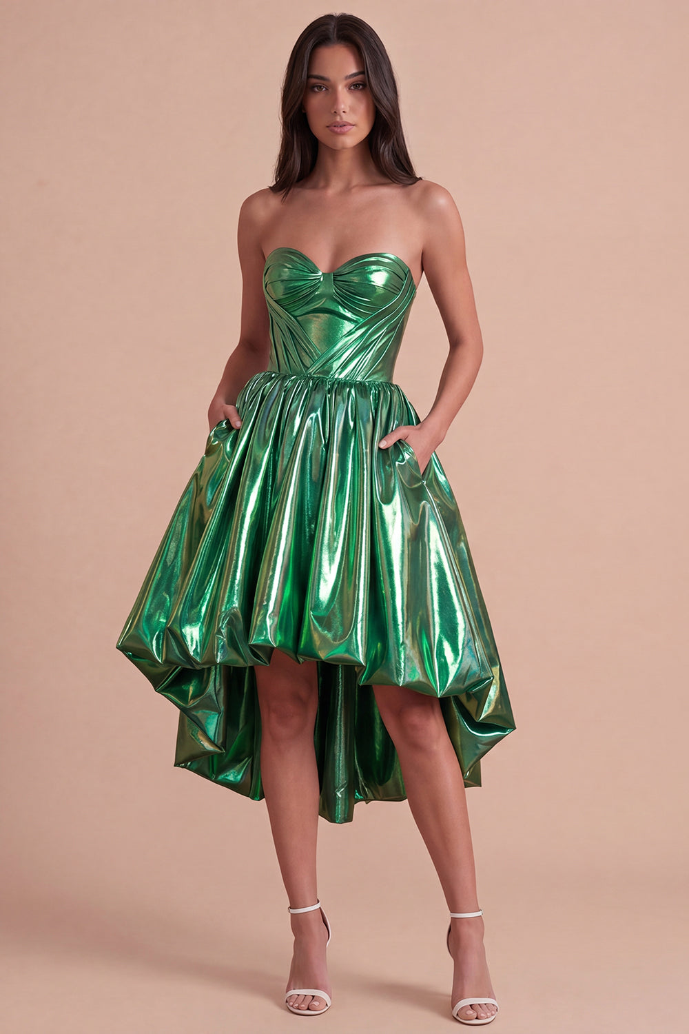 Dark Green Sparkly Metallic Sweetheart High-Low Homecoming Dress with Pockets