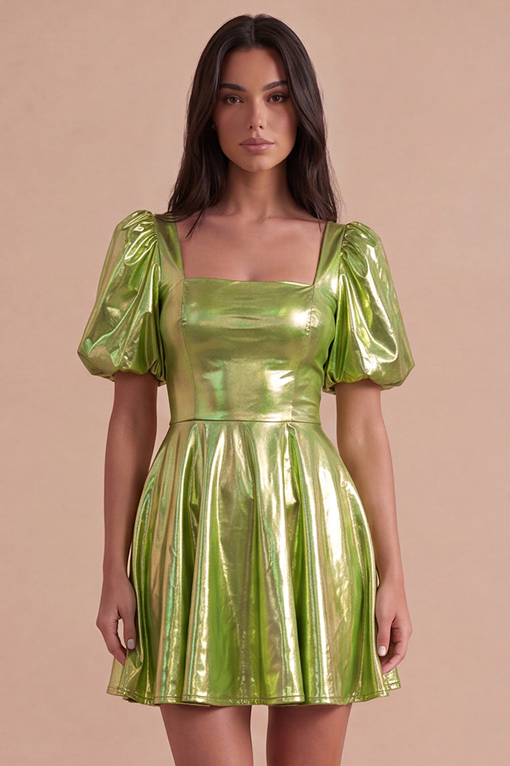 Green Sparkly Metallic Square Neck A Line Short Homecoming Dress