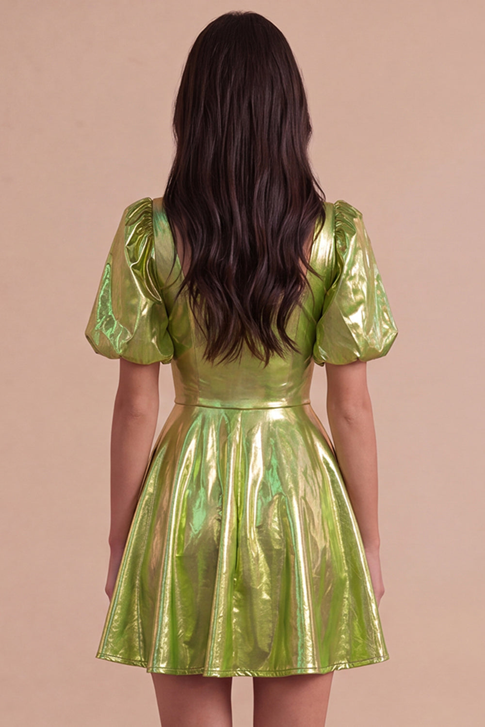 Green Sparkly Metallic Square Neck A Line Short Homecoming Dress