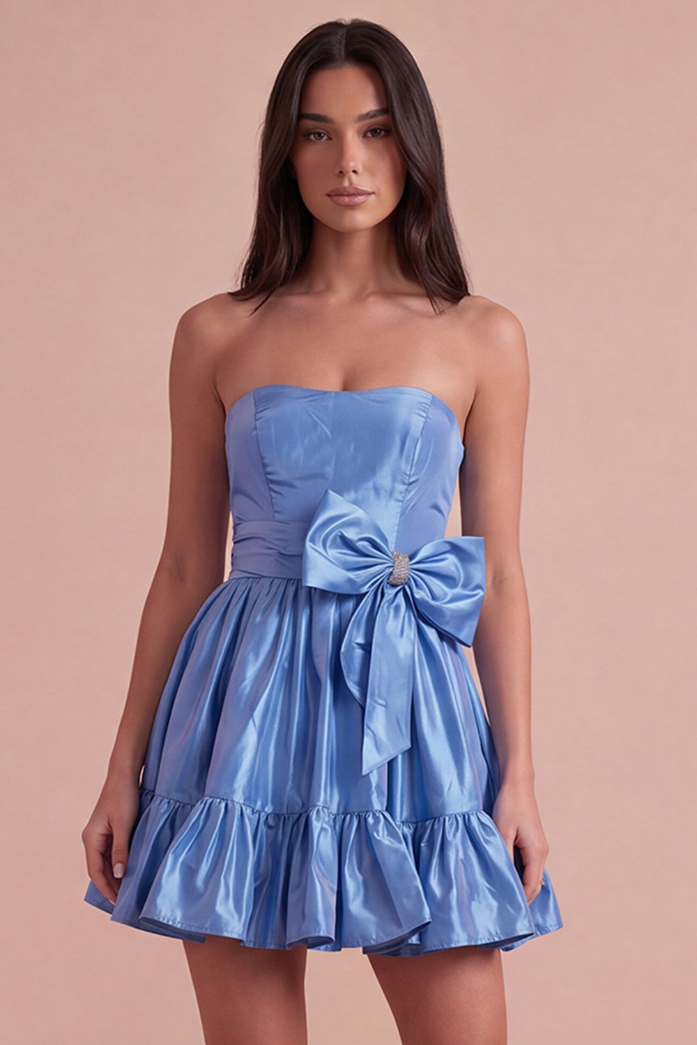 Blue Ruffled Strapless A Line Short Homecoming Dress with Bow