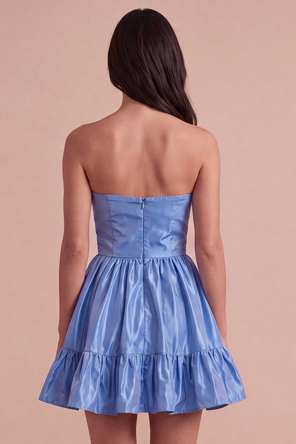 Blue Ruffled Strapless A Line Short Homecoming Dress with Bow