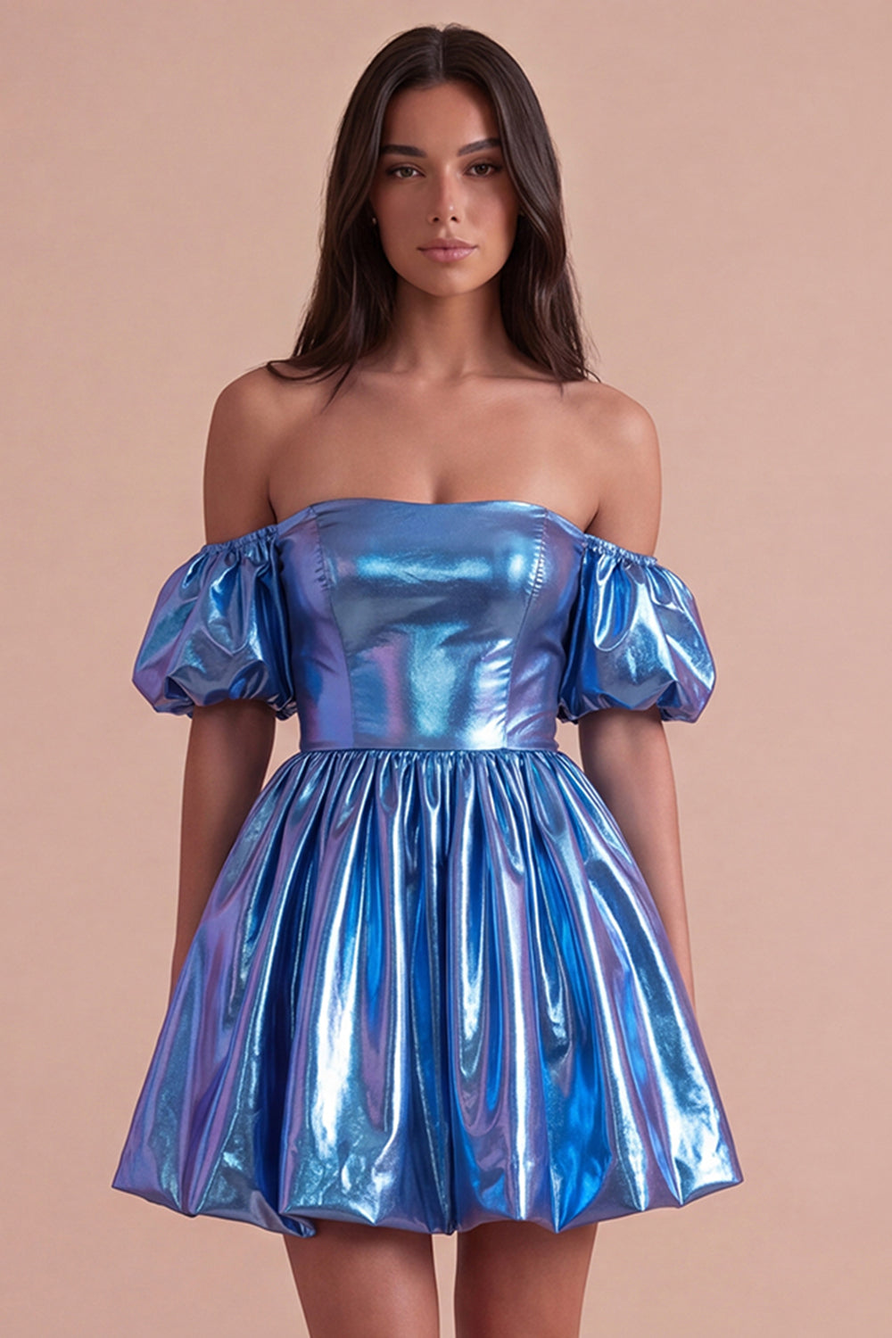 Sparkly Metallic Blue Off the Shoulder A Line Short Homecoming Dress