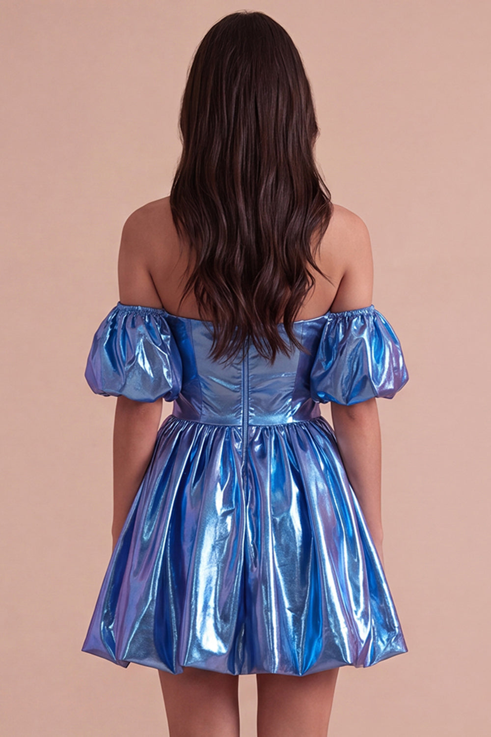 Sparkly Metallic Blue Off the Shoulder A Line Short Homecoming Dress