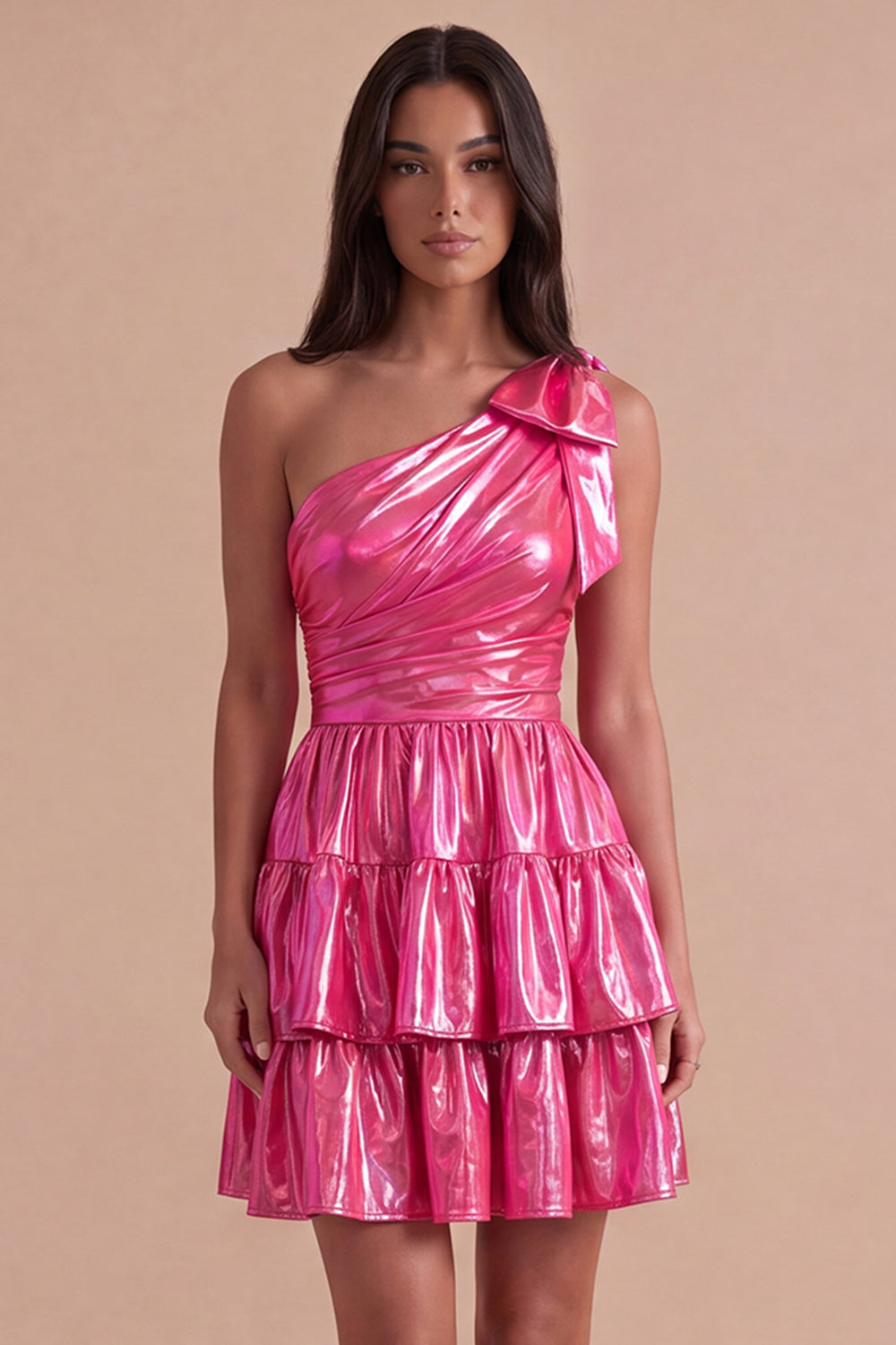 Leely Women Fuchsia Sparkly Metallic Ruffled Short Homecoming Dress A Line Ruched One Shoulder Cocktail Dress with Bow