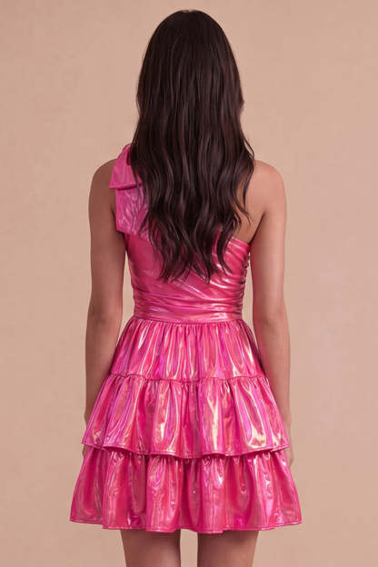 Sparkly Metallic Fuchsia One Shoulder A Line Short Homecoming Dress
