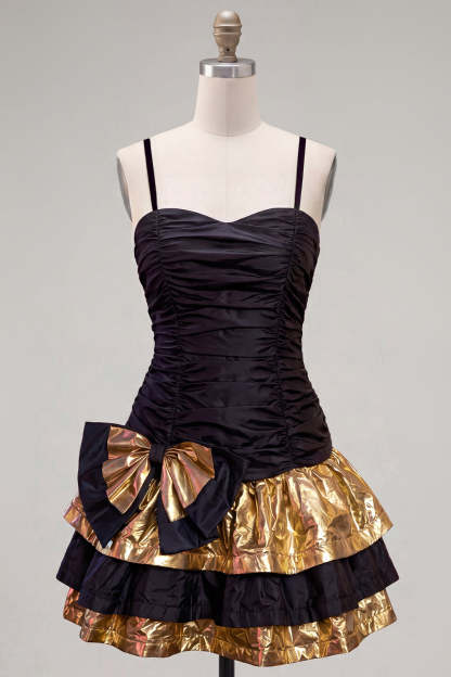 Sparkly Black Golden Metallic Ruffled Short Homecoming Dress
