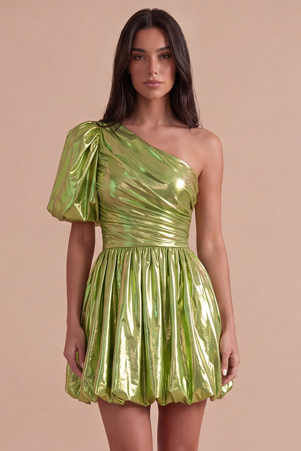 Green Sparkly Metallic One Shoulder A Line Short Homecoming Dress