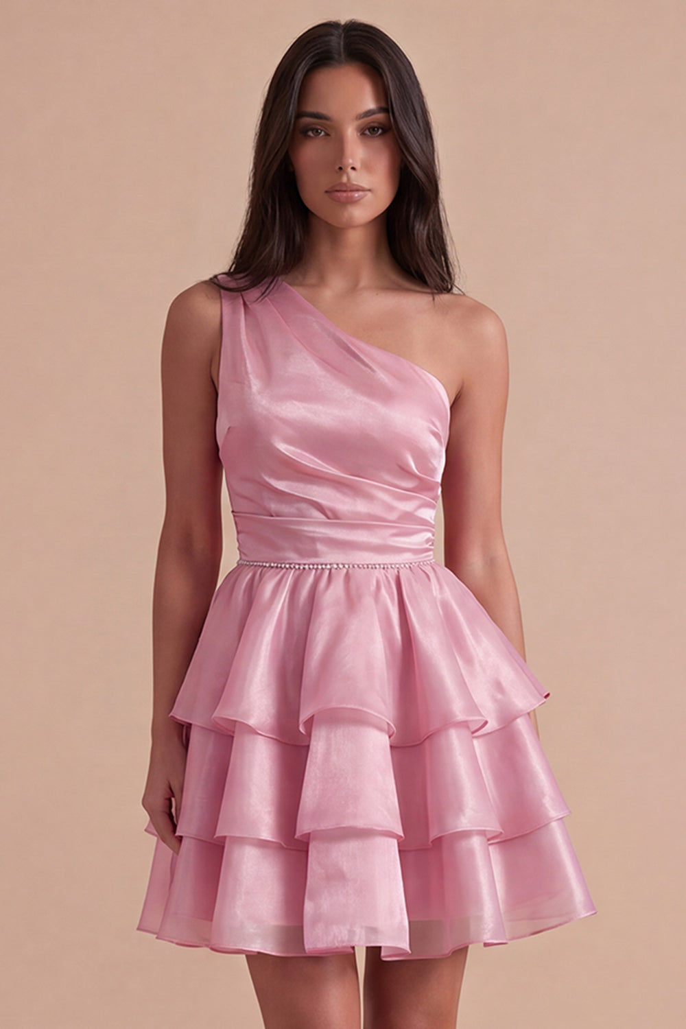 Pink One Shoulder A Line Short Homecoming Dress with Ruffles