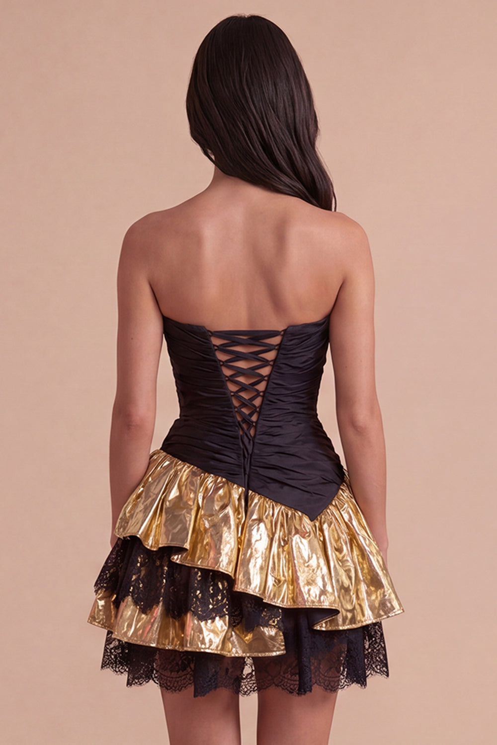 Black Golden Sparkly Metallic Ruffled Short Homecoming Dress