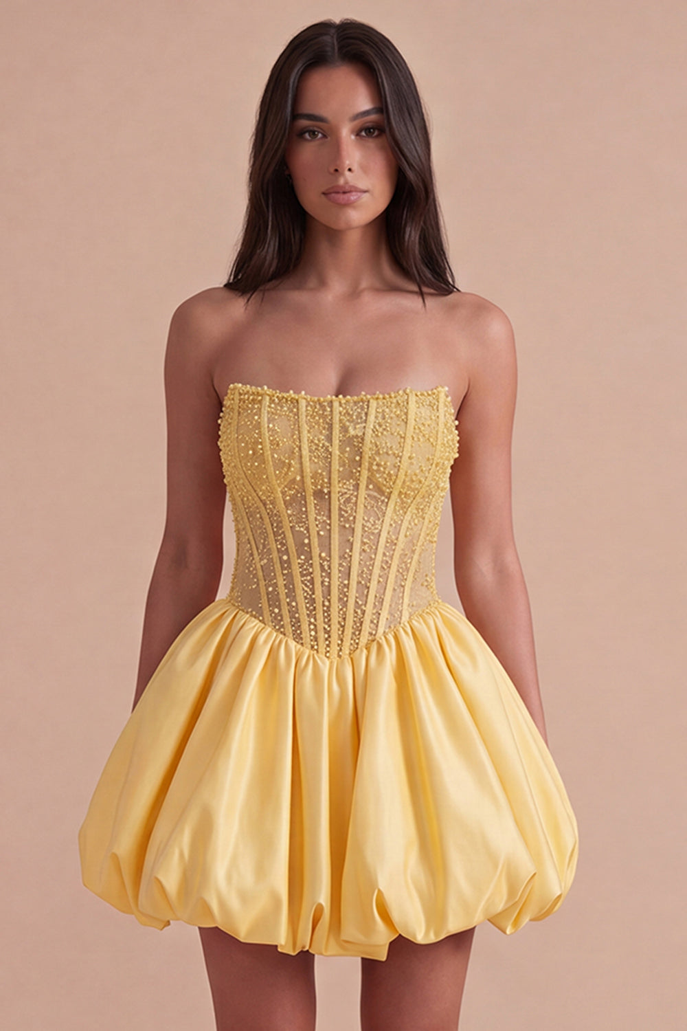 Sparkly Yellow Beaded Corset Ruffled Short Homecoming Dress