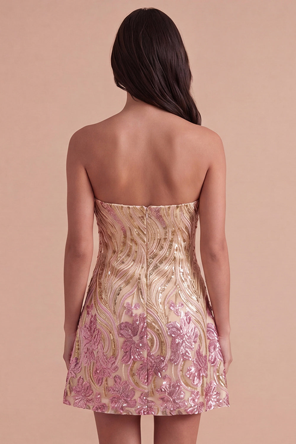 Sparkly Gold and Pink Bodycon Sequin Strapless Short Homecoming Dress