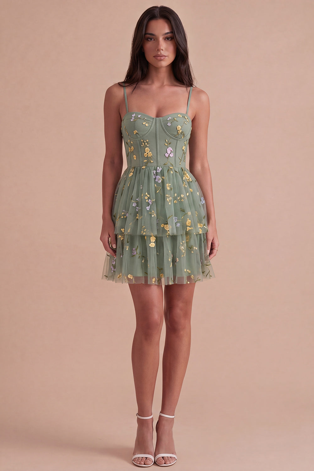 Dusty Sage Floral Corset Spaghetti Straps A Line Short Homecoming Dress