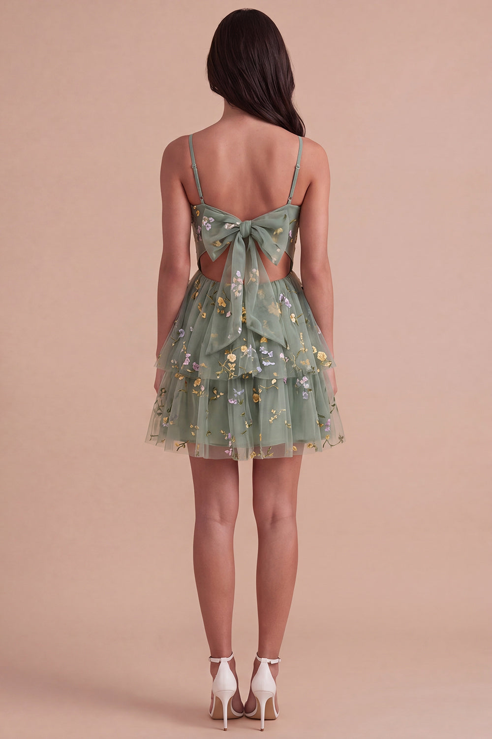 Dusty Sage Floral Corset Spaghetti Straps A Line Short Homecoming Dress