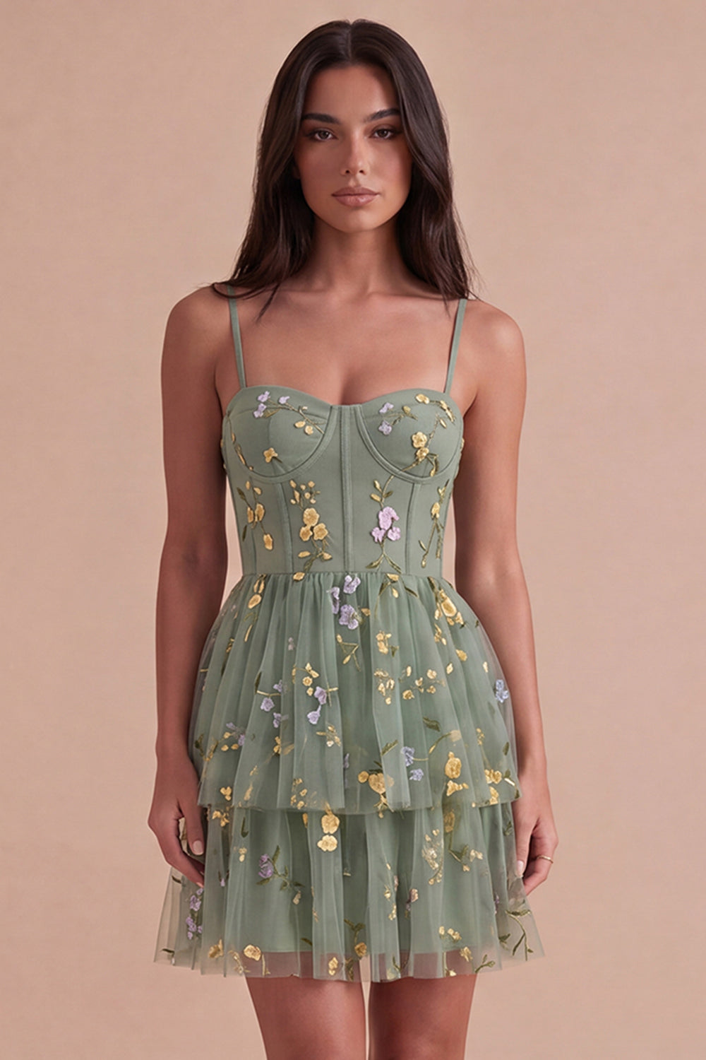 Dusty Sage Floral Corset Spaghetti Straps A Line Short Homecoming Dress