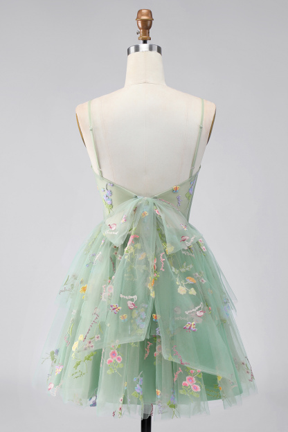 Dusty Sage Floral Corset Spaghetti Straps A Line Short Homecoming Dress